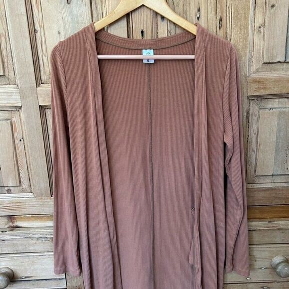 Senita Small‎ Tan Brown Cardigan Duster Ribbed Sweater Pockets Open Front - Picture 2 of 11